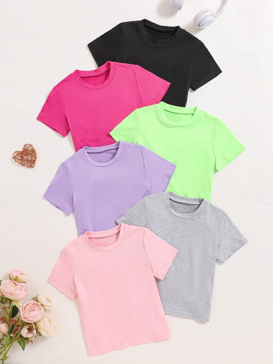 SHEIN Playful Pals 6件套少女休闲舒适纯色圆领短袖T恤套装,百搭夏季单品,送给女孩的礼物,适合学校、校园、大学穿着。 - 彩色 - 查看 1