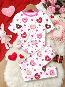 SHEIN Leap Crew Tween Girls Casual Cartoon Donut & Heart Print Short Sleeve T-Shirt & Pants 2 Pieces Loungewear Set - Multicolor - View 1