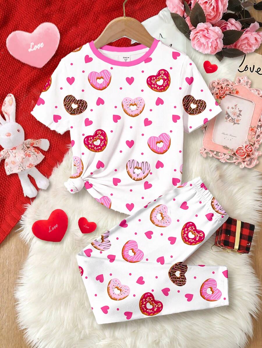 SHEIN Leap Crew Tween Girls Casual Cartoon Donut & Heart Print Short Sleeve T-Shirt & Pants 2 Pieces Loungewear Set - Multicolor - View 1