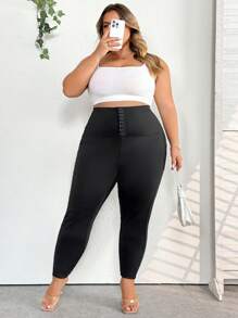 SHEIN CURVE+ Leginsy z dzianiny z wysokim stanem i dużym rozmiarem, eleganckie sportowe, codzienne rajstopy damskie z guzikami z przodu, jesień/zima