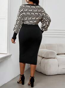 SHEIN Lady Autumn And Winter Elegant Black Worsted Pencil Midi Plus Size Sweater Dresses - Multicolor - View 2
