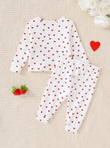 SHEIN 2pcs/Set Baby Girl Heart Pattern Long Sleeve Pants Knit Ribbed Soft Touch Pajama Set