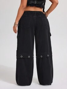 SHEIN ICON 大码女装金属装饰街头风格阔腿牛仔裤 - 黑色 - 查看 2