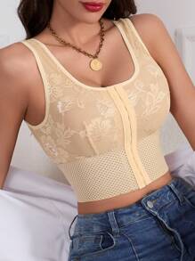 Myrelith Front Button Lace Patchwork Cropped Shaping Top