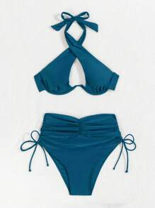 SHEIN Swim Conjunto de 2 piezas de ropa de baño para mujer con forro de sujetador de acero, top corto sexy de cuello halter de unicolor y pantalones cortos de verano