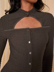 COSMINA Women Casual Solid Color Hollow Front Button Top, Autumn - Brown - View 6