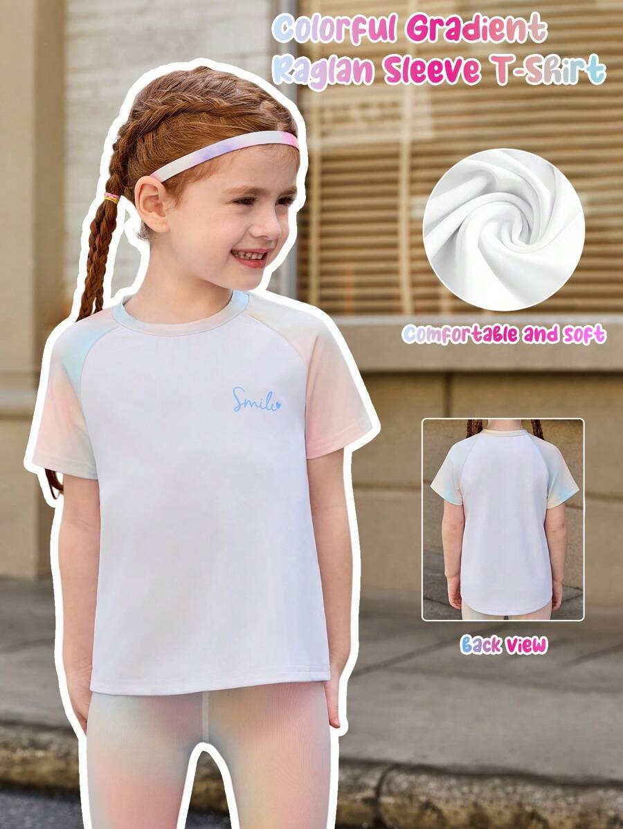 SHEIN Young Girls' Multifunctional Gradient Color Raglan Sleeve Sports T-Shirt, Moisture Wicking Suitable For Tennis, Volleyball And Other Sports, Summer