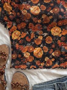 Soleia 女士度假复古碎花短袖荷叶边下摆短款上衣，网眼面料修身 T 恤，适合派对、分层穿着、嬉皮音乐节、复活节、狂欢节、约会、夏季 - 彩色 - 查看 5