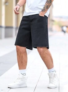 Manfinity Homme Men's Slogan & Flame Print Pocket Loose Denim Shorts - Black - View 5