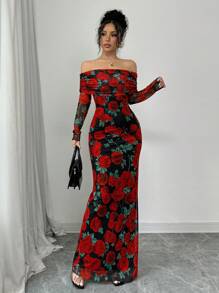 Elenzga Elegant Rose Print Off Shoulder Dress, Fall New Year Valentine's Day Wear For Women - Red - View 7