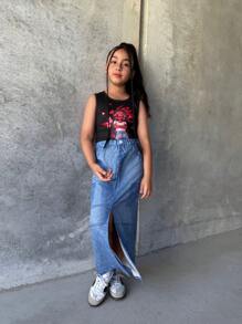 Conjunto de 2 piezas para niña preadolescente - Top de tirantes con gráfico de dibujos animados y falda efecto denim dividida, con estilo de moda y energía, apta para la escuela, viajes y todas las estaciones