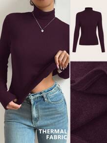 SHEIN BASICS 秋冬季基本款高领修身长袖纯色女式上衣，升级保暖内衬，时尚、休闲、舒适、百搭，不会显得臃肿 - 酒紅色 - 查看 12