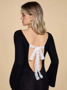 ROMWE Kawaii Pure Lace Backless Bowknot Decor Split Hem Sweater Dress - Black - View 2