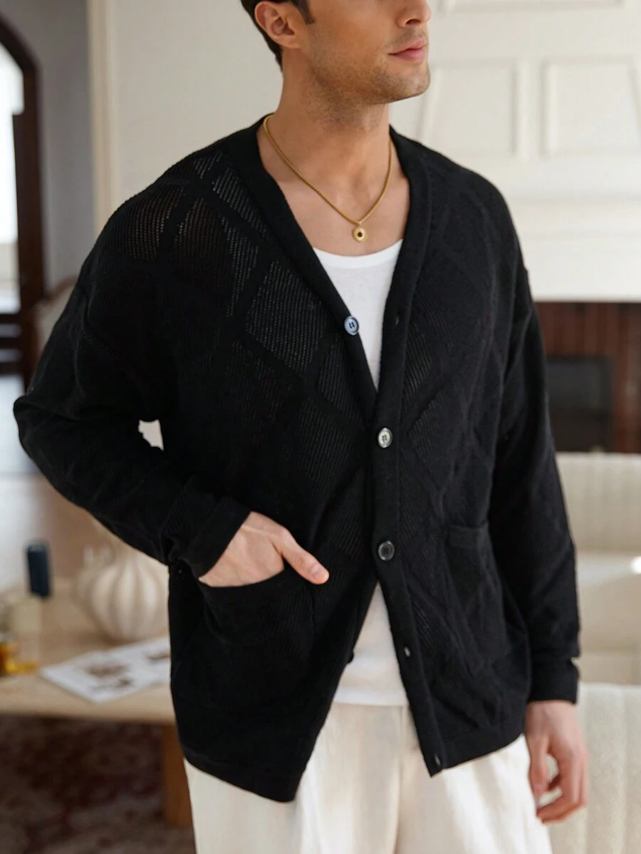Manfinity Homme 男士纯色前扣长袖休闲黑色开衫 - 黑色 - 查看 1