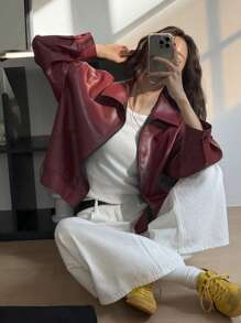 DAZY 宽松男友风立领拉链长袖机车夹克，秋季女装外套 - 酒紅色 - 查看 5
