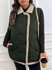 SHEIN Frenchy Women's Plus Size Thick Contrast Color Vest Jacket, Fashionable & Versatile Autumn/Winter Coat - Green - View 6