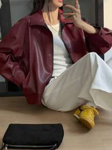 DAZY 宽松男友风立领拉链长袖机车夹克，秋季女装外套 - 酒紅色 - 查看 4