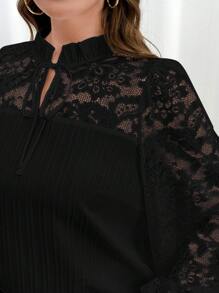 SHEIN Clasi Plus Size Elegant Solid Color Lace Panel Blouse, For Autumn