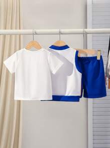 SHEIN Playful Pals 3pcs Baby Boy Sets, Including Short Sleeve Top, Sports Shorts, And Vest. The New Style Features A Cute And Cool Round Neck Short Sleeve Top With A Cute Puppy Pattern, Blue Sports Shorts, And A Sleeveless Vest With A Zipper Panel. This 3-Piece Set Is Basic And Multi-Functional, Suitable For Summer Wear, Can Be Worn As A Fashionable Loose Casual Outfit, Sportswear, Or For Vacation, Outings And Leisure Occasions.