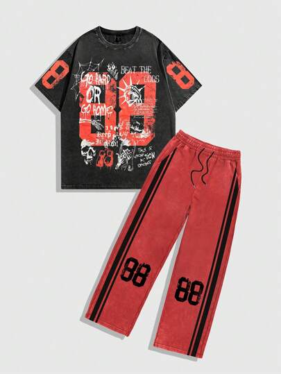 Prep Men's Letter Print Round Neck Short Sleeve Football Jersey Style T-Shirt And Drawstring Waist Casual Pants Set