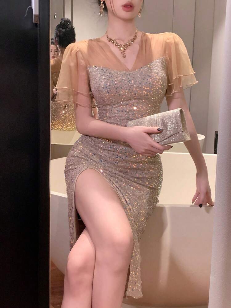 Vestido midi con abertura, mangas con volantes y parches de lentejuelas para fiesta, cita o eventos especiales como graduación, fiesta, año nuevo o carnaval. Vestido elegante y lujoso para mujer.