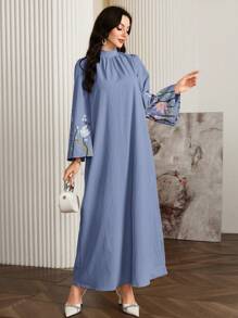 Al Najma Women's Floral Print Stand Collar Long Sleeve Casual Loose Dress, Elegant Tunic Arabian Dresses, For Casual Daily/Travel/Holiday/Vacation,Modest - Dusty Blue - View 3