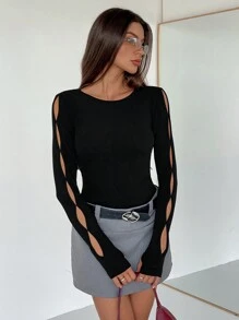 Siren Gaze Blusa de mujer de unicolor, cuello redondo, manga larga, con diseño hueco, sencilla y casual, para uso diario