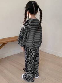 DAZY 2pcs/Set Young Girl Round Neck Knit Sweatshirt Outfit, Fall/Autumn - Black and White - View 5