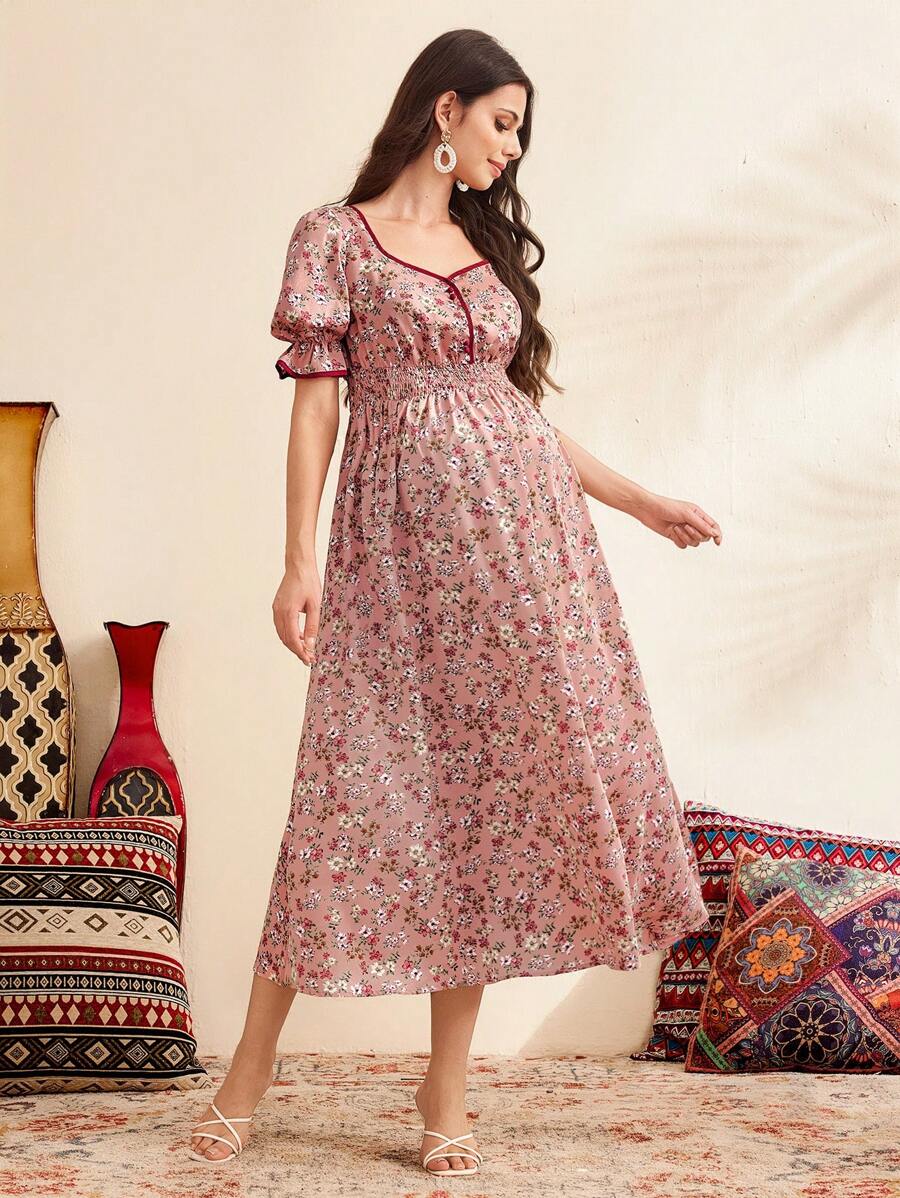 SHEIN Floral Print Puff Sleeve Maternity Dress - Pink - View 1