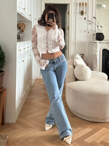 SHEIN Frenchy 女士蕾丝单排扣长袖优雅短款 T 恤 - 白色 - 查看 4