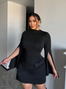 SHEIN Essnce Vestido midi de manga larga y hombros descubiertos con corte ceñido en talla grande, para primavera/verano