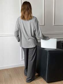 DAZY 2pcs/Set Women Loose Solid Color Long Sleeve Home Wear Set, Spring - Grey - View 2