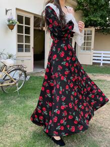 DAZY Women's Contrast Lace Multicolor Floral Midi Dress, Red, Suitable For Spring, Summer, Autumn