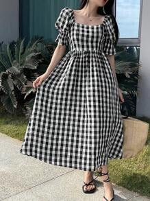DAZY Summer New Arrival Plaid Waisted Women Long Dress, Casual Women Dress - Black - View 5