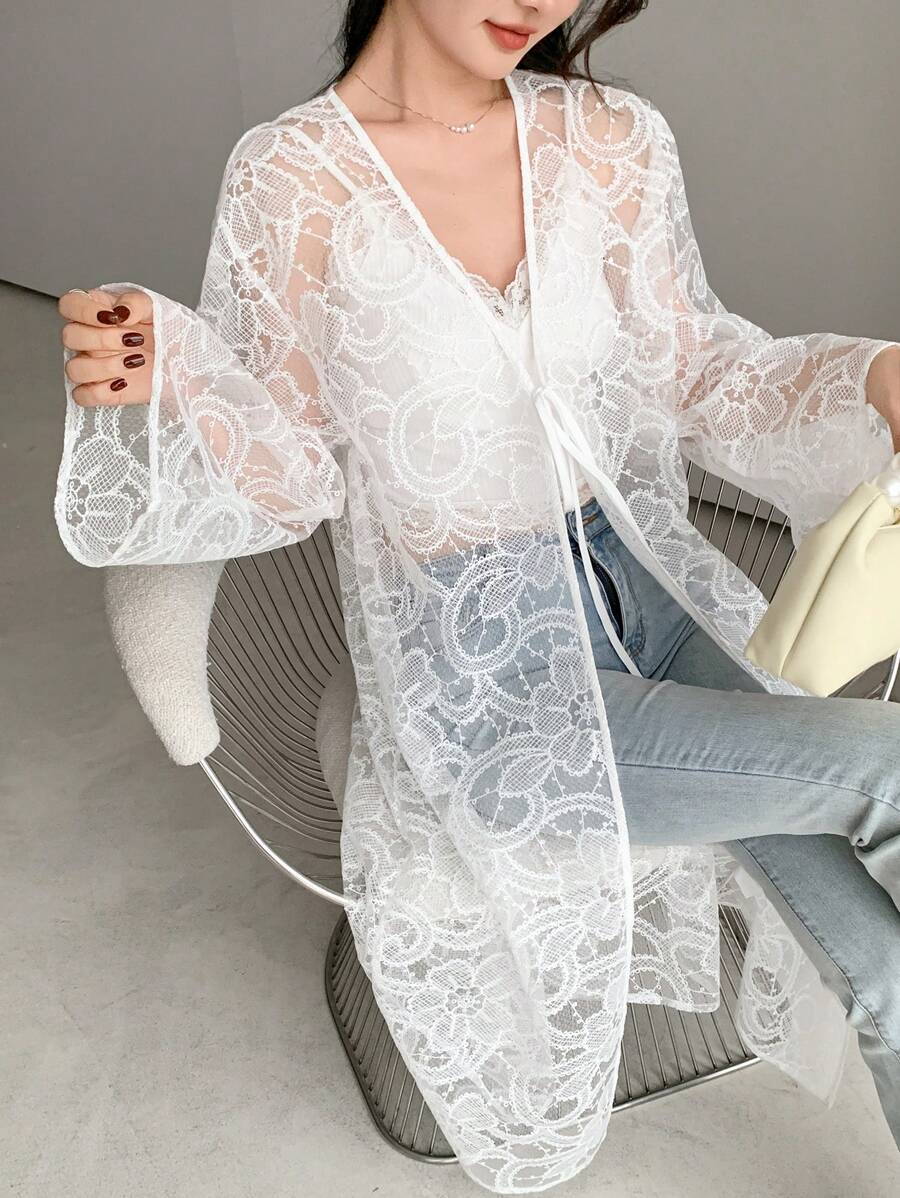 DAZY 夏季新款宽松蕾丝透明感罩衫女士休闲度假风格 - 白色 - 查看 1