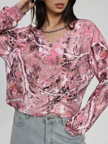 StreetHx Vintage Camouflage Maple Leaf Print Casual V-Neck Loose Long Sleeve Pullover Sweatshirt For Women, Autumn/Winter (Random Cut) - Multicolor - View 5