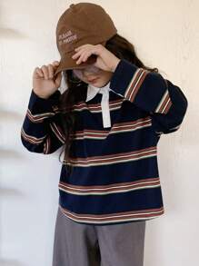 Dazy Kids Tween Girl Turndown Collar Color Block Striped Long Sleeve T-Shirt, Spring,Back To School Clothes - Navy Blue - View 2