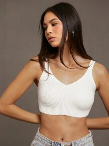 SHEIN Essnce Top unicolor corto tejido de canalé - Blanco - Ver 2