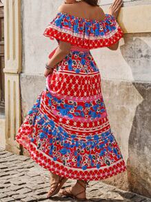 Breezaya Plus Size Boho Bohemian Off Shoulder Ruffle Hem Dress, For Summer - Multicolor - View 2