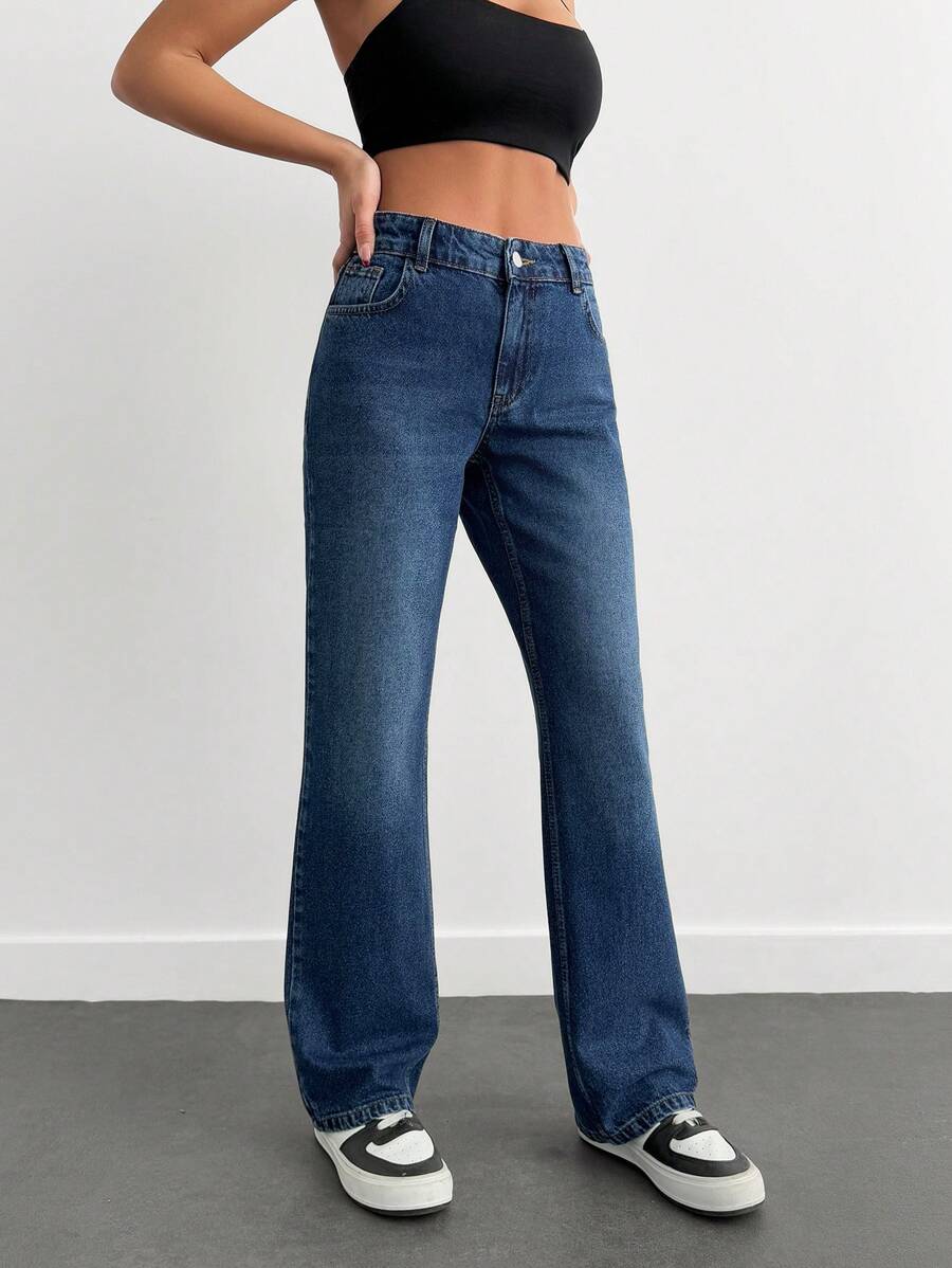 SHEIN Cottnline LOW RISE STRAIGHT CUT LIGHT GREY Y2K STYLE WOMEN JEAN - Medium Wash - View 1