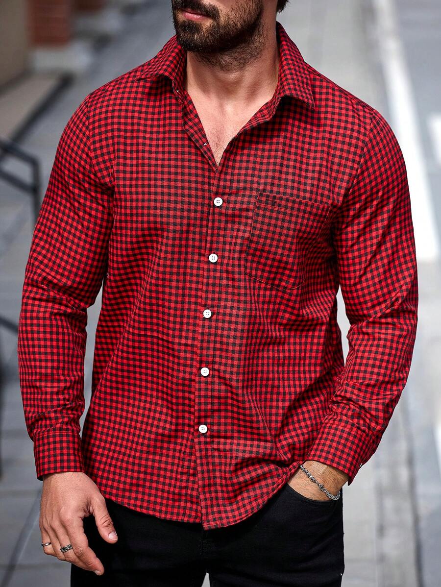 Manfinity Homme Plus Size Men's Plaid Long Sleeve Single Breasted Pocket Casual Shirt - Red - View 1