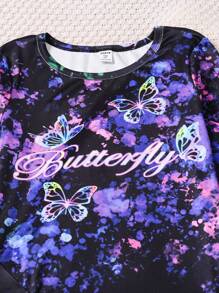 2 Pieces Teenage Girls Snug Fit Butterfly Glow-In-The-Dark Long Sleeve Sleepwear Set, Casual Pajamas