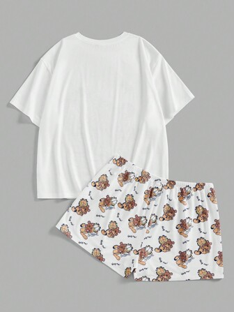 GARFIELD | SHEIN 加大码卡通猫咪印花圆领短袖上衣和短裤睡衣套装夏季服装