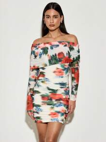 AiiRZ Off Shoulder Floral Printed Mesh Mini Dress Valentines - Multicolor - View 1