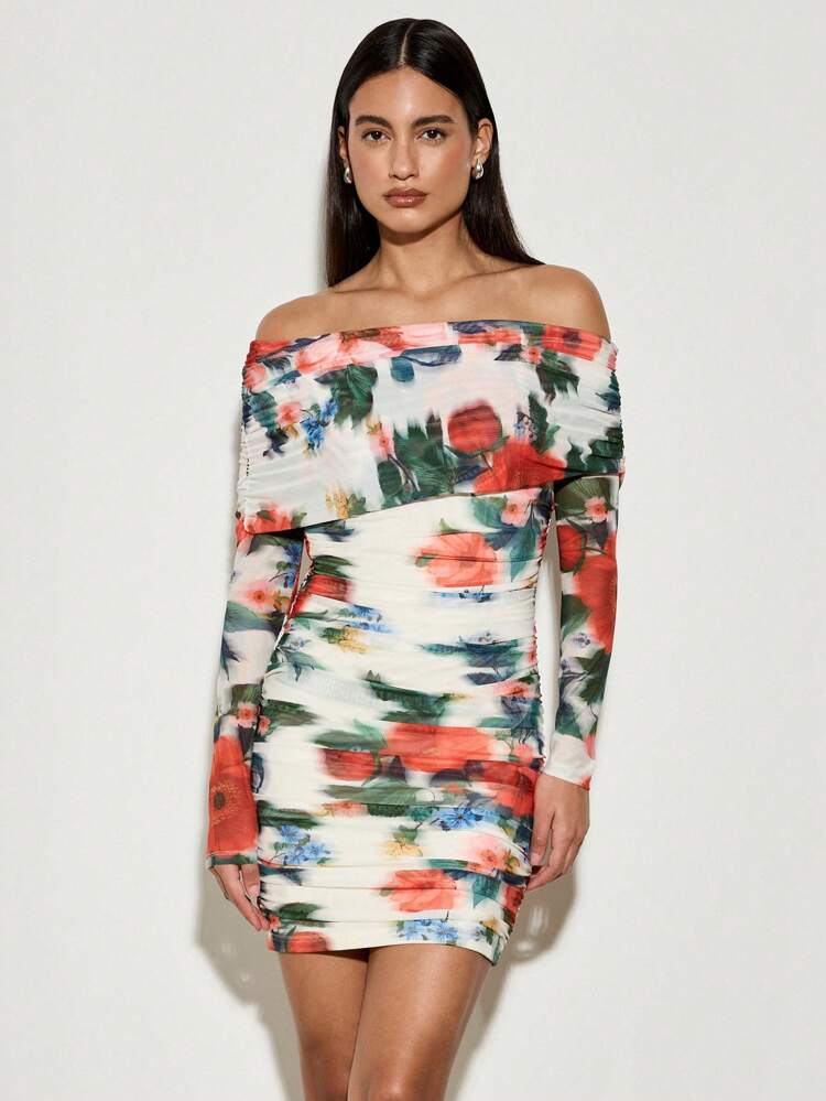 AiiRZ Off Shoulder Floral Printed Mesh Mini Dress Valentines