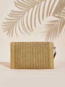 SHEIN VCAY Paper Woven Party Clutch Purse, Women's Fashion Minimalist Solid Color Wallet, Suitable For Summer Vacation And Travel, Straw Wallet, Straw Beach Bag, Beach Essentials, Summer Necessities, Best For Beach Vibe, Decorated With Pearl Tassel
