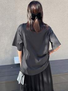 FRIFUL Women's Casual Grey Knitted Long T-Shirt With Round Neck, Short Sleeves, And Contrast Mesh Bow Details - Grey - View 8