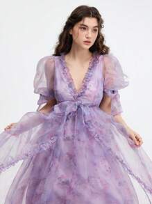 SHEIN X JIMENA & MATEO SHEIN MOD Purple Flower And Puppy Print Gorgeous Dress With Bows On Sleeves And Above Waist Front Ruffled Dress, Party Dress, Birthday Dress