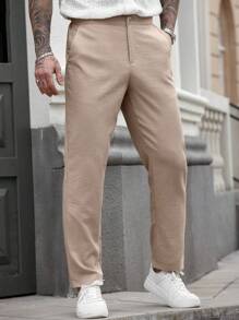 Manfinity CasualCool Pantaloni casual da uomo per uso quotidiano: stile business e pendolarismo, pantaloni aderenti color cachi con tessuto simile al lino e texture con pieghe sottili. Perfetti per la primavera e l'estate rinfrescante, rendendoli un regalo ideale per fidanzati o mariti - Cachi - Visualizzare 5