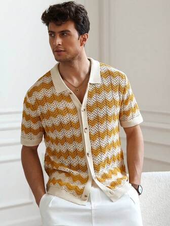 Manfinity CityGents 男士条纹单排扣短袖休闲镂空针织毛衣